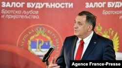 FILE - Chairman of Bosnia and Herzegovina's tripartite presidency Milorad Dodik addresses journalists after meeting with Russian Foreign Minister Sergey Lavrov, not pictured, in East-Sarajevo, Dec. 14, 2020. 