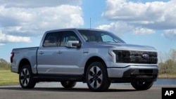 A pre-production Ford F-150 Lightning is shown in Bruce Township, Mich., May 12, 2021. (AP Photo/Paul Sancya)