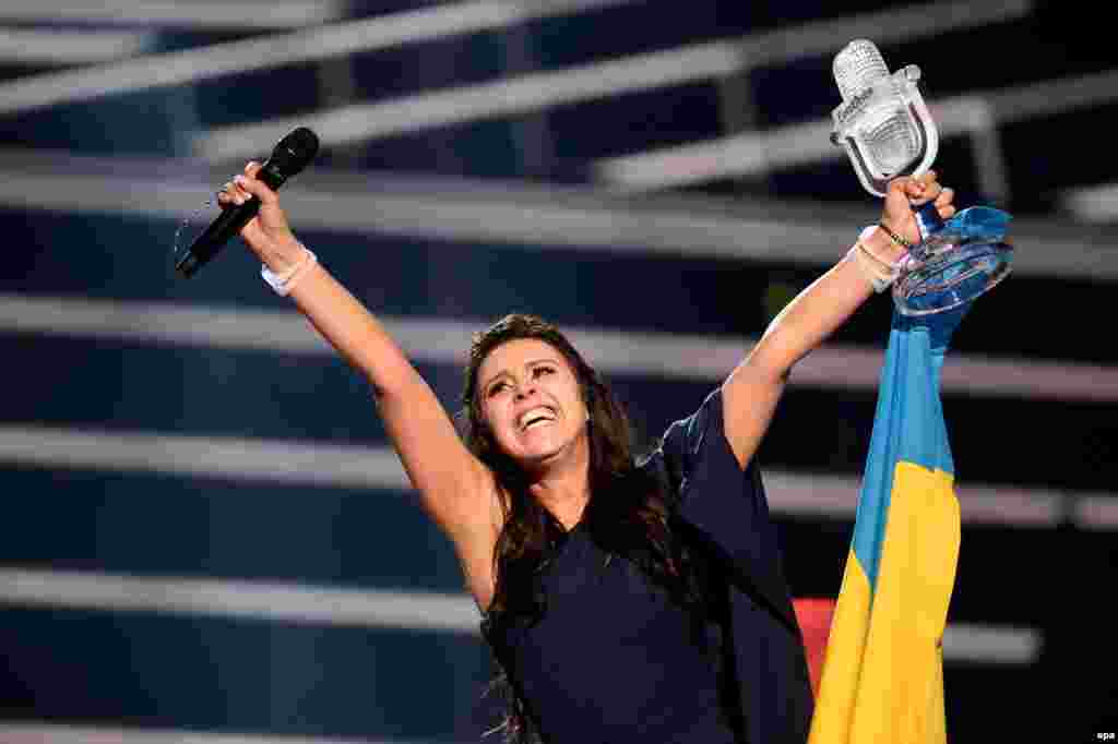 Ukraine&#39;s Jamala reacts on winning the Eurovision Song Contest final at the Ericsson Globe Arena in Stockholm, Sweden, May 14, 2016.