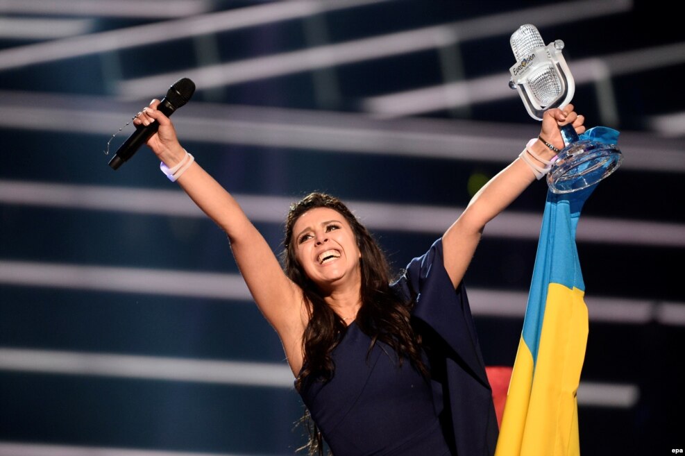 Ukraine's Jamala reacts on winning the Eurovision Song Contest final at the Ericsson Globe Arena in Stockholm, Sweden, May 14, 2016.