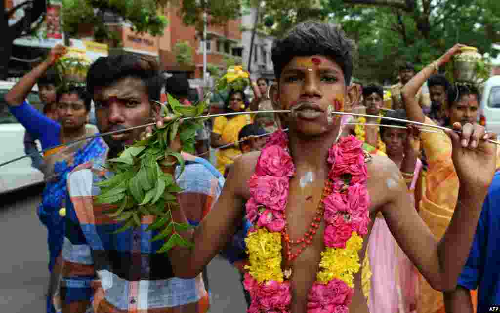 An Indian Hindu devotee with his mouth pierced with metal rod performs a ritual on the occasion of 'Aadi' festival in Chennai.