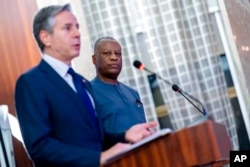 Secretary of State Antony Blinken, accompanied by Nigerian Foreign Minister Geoffrey Onyeama, right, speaks at a news conference at the Aso Rock Presidential Villa in Abuja, Nigeria, Nov. 18, 2021.