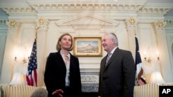 Menteri Luar Negeri Amerika Serikat, Rex Tillerson (kiri), hari Kamis (9/2) bertemu dengan diplomat tertinggi Uni Eropa. (AP/Andrew Harnik)