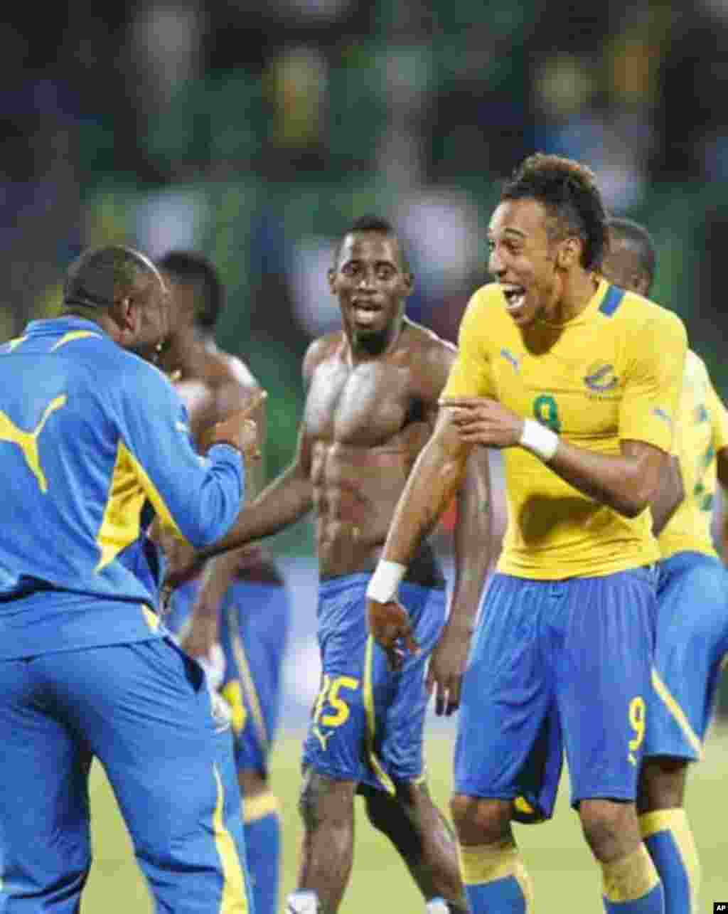 Gabon's Pierre Emerick Aubameyang (9) celebrates with teammates after they won their African Nations Cup Group C soccer match against Tunisia at Franceville Stadium in Gabon January 31, 2012.