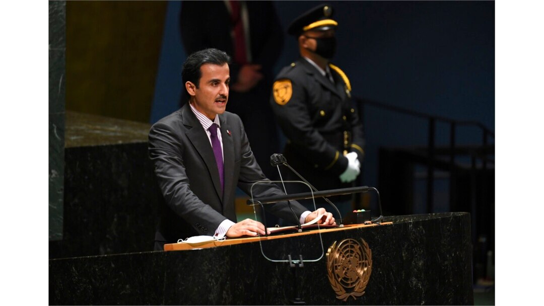 FILE - Sheikh Tamim bin Hamad al-Thani, emir of Qatar, addresses the 76th Session of the UN General Assembly at United Nations headquarters in New York, on Sept. 21, 2021.