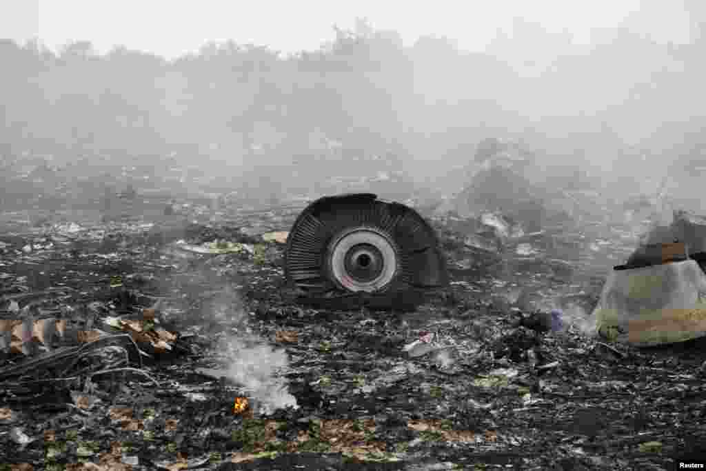 The site of a Malaysia Airlines Boeing 777 plane crash is seen near the settlement of Grabovo in the Donetsk region.