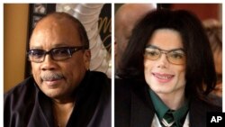 (File) In this combination photo, Quincy Jones appears at his home in Los Angeles, Calif., on April 9, 2004, left, and Michael Jackson arrives to court on March 2, 2005, in Santa Maria, Calif. 
