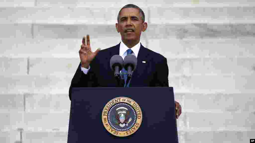 U.S. President Barack Obama speaks during a ceremony marking the 50th anniversary of Martin Luther King Jr.'s "I have a dream" speech on the steps of the Lincoln Memorial in Washington, Aug. 28, 2013.