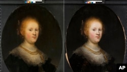 Antes y después de la restauración del cuadro "Retrato de una joven" de Rembrandt. Foto suministrada por el Museo de Arte de Allentown.