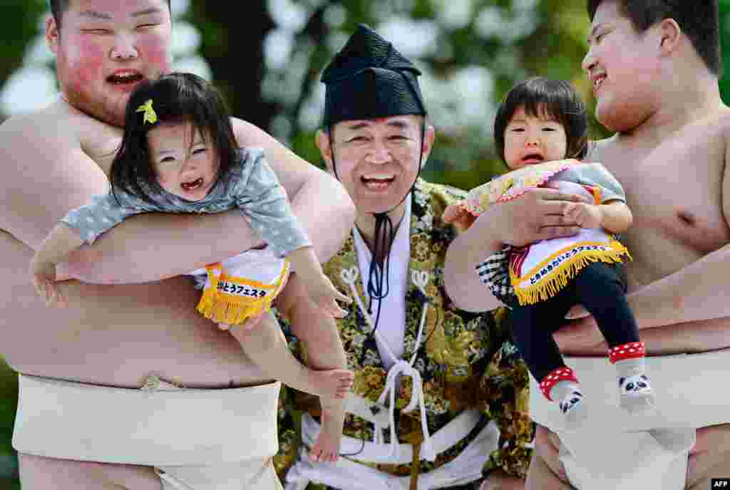 Babies held by student sumo wrestlers cry beside a referee (C) clad in a traditional costume during the &quot;Baby-cry Sumo&quot; competition at Sensoji temple in Tokyo, Japan, April 29, 2013. 