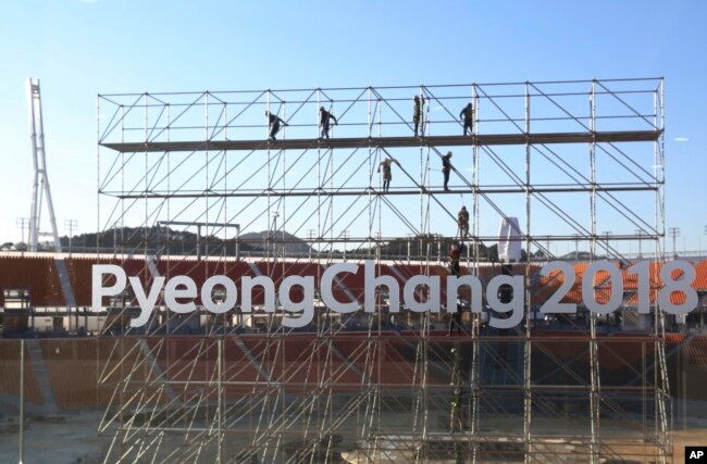 FILE - The Pyeongchang Olympic Stadium under construction in Pyeongchang, South Korea.