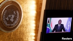 South Africa's President Ramaphosa delivers a pre-recorded statement at a high-level meeting to commemorate the twentieth anniversary of the adoption of the Durban Declaration, as part of the UN General Assembly, in New York, Sept. 22, 2020.