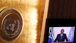 South Africa's President Ramaphosa delivers a pre-recorded statement at a high-level meeting to commemorate the twentieth anniversary of the adoption of the Durban Declaration, as part of the UN General Assembly 76th session General Debate, at UN Headqua