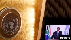 FILE - South Africa's President Cyril Ramaphosa delivers a pre-recorded statement as part of the U.N. General Assembly 76th session General Debate at the United Nations Headquarters, in New York, U.S., Sept. 22, 2021.