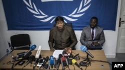 FILE - The International Criminal Court's (ICC) chief prosecutor, Fatou Bensouda, holds a news conference during her visit to look into allegations of extreme violence on May 3, 2018 in Kinshasa, Democratic Republic of Congo.