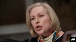 Sen. Kirsten Gillibrand questions Marine Gen. Robert B. Neller, the Marine Corps commandant, during a Senate Armed Services Committee probe of nude photographs of female Marines that were posted on the internet, March, 14, 2017.