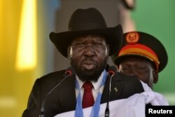 South Sudan President Salva Kiir addresses the crowd at the John Garang's Mausoleum in Juba, South Sudan Oct. 31, 2018.