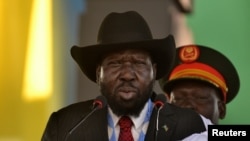 FILE - South Sudan President Salva Kiir addresses the crowds at the John Garang's Mausoleum in Juba, South Sudan, Oct. 31, 2018.