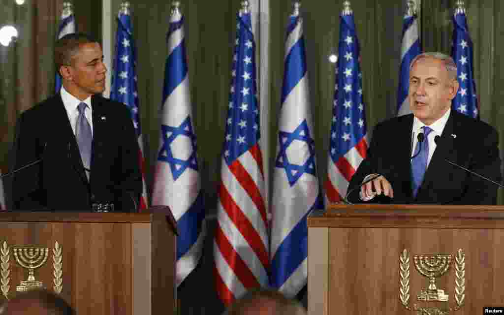 President Obama (left) and Israeli PM Netanyahu at news conference in Jerusalem, March 20, 2013