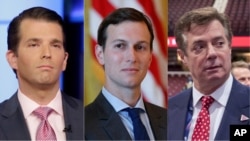 From left, President Donald Trump's son Donald Trump Jr., son-in-law Jared Kushner and former campaign manager Paul Manafort.