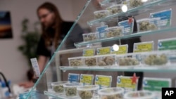 En esta foto del 29 de diciembre de 2017, se ve marihuana de múltiples variedades en el dispensario KindPeoples en Santa Cruz, California. 
