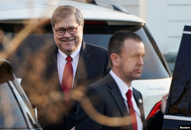 FILE - U.S. Attorney General William Barr leaves his house after Special Counsel Robert Mueller found no evidence of collusion between U.S. President Donald Trump’s campaign and Russia in the 2016 election in McLean, Virginia, March 25, 2019.