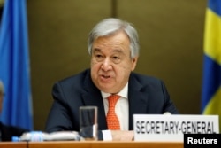 U.N. Secretary-General Antonio Guterres talks during the High-Level Pledging Event for the Humanitarian Crisis in Yemen, in Geneva, Switzerland, April 3, 2018.