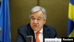 Le Secrétaire général des Nations Unies, Antonio Guterres, lors de la réunion de haut niveau sur la crise humanitaire au Yémen, à Genève (Suisse), le 3 avril 2018. REUTERS / Pierre Albouy -