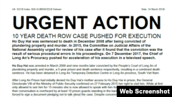 Tổ chức Ân xá Quốc tế ra Hành động Khẩn cấp đối với tử tù Hồ Duy Hải. (Amnesty International)
