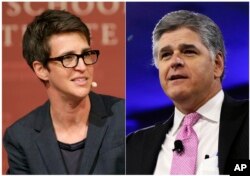 FILE - This combination photo shows MSNBC television anchor Rachel Maddow, host of "The Rachel Maddow Show," left, and Sean Hannity of Fox News.