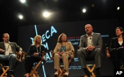 A panel discussion about "The List" at the Tribeca Film Festival (left to right): George Packer, staff writer for "The New Yorker"; director Beth Murphy; Anna Khanaka, one of the Iraqis that Kirk Johnson coordinated asylum for; Paul Rieckhoff, founder of
