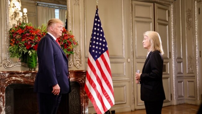 美国总统特朗普在布宜诺斯艾利斯接受美国之音特约撰稿人格莱塔·范·萨斯特伦专访。(2018年11月30日)