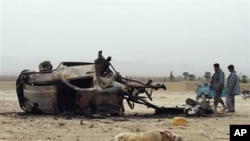 The lifeless body of a dog is seen as Afghan police officers, right, look at the wreckage of a car after an explosion in the Arghandab district of Kandahar province, Afghanistan, February 27, 2011