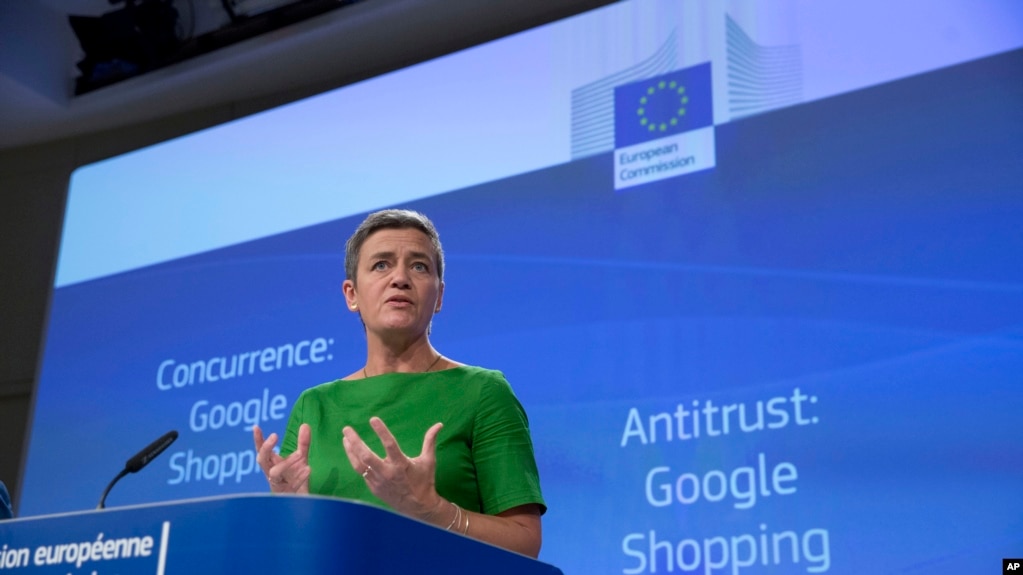 La comisionada de la UniÃ³n Europea para la competencia, Margrethe Vestager, anunciÃ³ una histÃ³rica multa a Google el martes en Bruselas. 