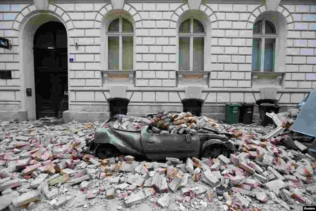 A destroyed car is seen following a A 5.3 magnitude earthquake, in Zagreb, Croatia.