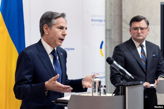 FILE - U.S. Secretary of State Antony Blinken meets with Ukrainian Foreign Minister Dmytro Kuleba in Kyiv, Ukraine, Jan. 19, 2022.