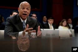 Former Homeland Security Secretary Jeh Johnson testifies to the House Intelligence Committee task force on Capitol Hill in Washington, June 21, 2017, as part of the Russia investigation.