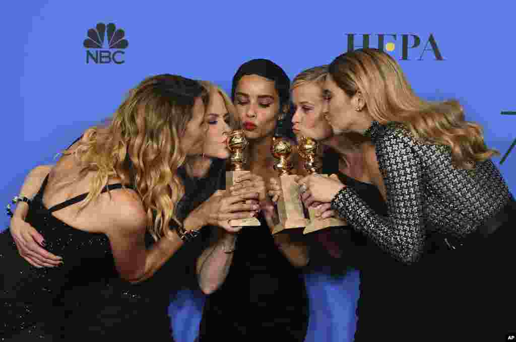 From left: Laura Dern, Nicole Kidman, Zoe Kravitz, Reese Witherspoon and Shailene Woodley pose in the press room with the award for best television limited series or motion picture made for television for &quot;Big Little Lies&quot; at the 75th annual Golden Globe Awards at the Beverly Hilton Hotel in Beverly Hills, California, Jan. 7, 2018.