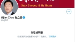 北京历史学者章立凡3月13日发推称其账号遭中国外交部一发言人屏蔽。（推特截图）