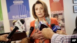 FILE - House Minority Leader Nancy Pelosi speaks to reporters after a news conference in San Francisco, Aug. 21, 2018. 