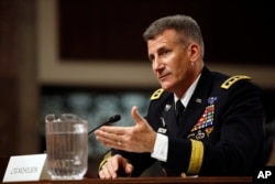 Army Lt. Gen. John Nicholson Jr., testifies on Capitol Hill in Washington, Thursday, Jan. 28, 2016, before the the Senate Armed Services Committee hearing considering his promotion to General, Commander, Resolute Support.