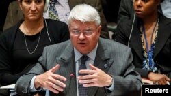 FILE - Herve Ladsous, head of the U.N. Department of Peacekeeping Operations, speaks to Security Council representatives in New York, Oct.14, 2014.