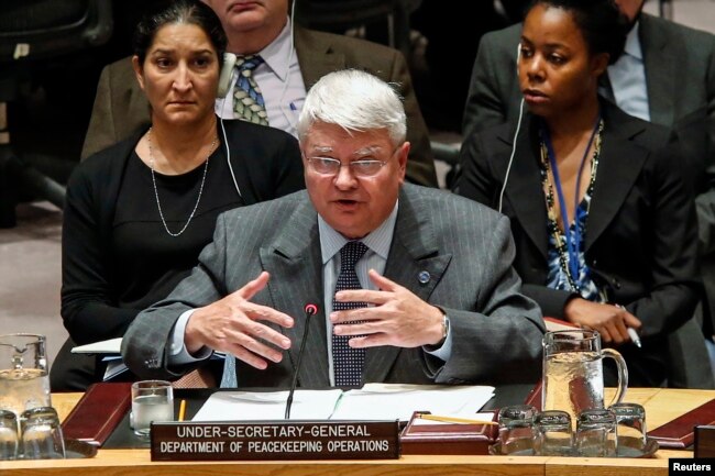 FILE - Herve Ladsous, head of the U.N. Department of Peacekeeping Operations, speaks to Security Council representatives in New York, Oct.14, 2014.