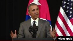 Presiden AS Barack Obama memberikan pidato di Gran Teatre de la Habana, di Havana, Kuba, Selasa (22/3).