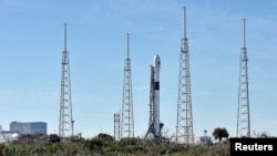 The SpaceX Falcon 9 rocket, scheduled to launch a U.S. Air Force navigation satellite, sits on Launch Complex 40, Florida, U.S., December 18, 2018.