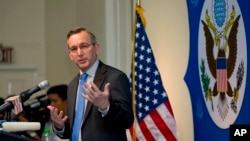Scot Marciel, U.S. Ambassador to Myanmar addresses the audience during his first public speech as the Ambassador to Myanmar in Yangon, Myanmar, May 10, 2016.