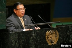 Myanmar's Minister for Foreign Affairs Wunna Maung Lwin addresses the 69th United Nations General Assembly at the U.N. headquarters in New York, Sept. 29, 2014.