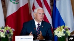 Vice President Mike Pence speaks during the second Conference for Prosperity and Security in Central America meeting at State Department, Oct. 11, 2018, in Washington. 