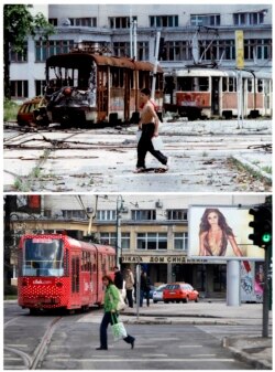 A Bosnian teenager carrying containers of water, walks in front of destroyed trams at Skenderia square in the besieged Bosnian capital of Sarajevo, in this file picture taken June 22, 1993 (top), and a woman passes through the same square, in this combina