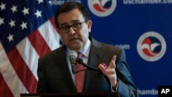 Mexico Secretary of the Economy Ildefonso Guajardo Villarreal speaks during a joint news conference at the U.S. Chamber of Commerce in Washington, June 6, with Commerce Secretary Wilbur Ross about Mexico sugar exports.